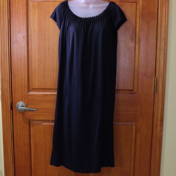 Ellen Tracy Black Pleated Neckline Midi Dress Medium Wool & Silk - Picture 2 of 11